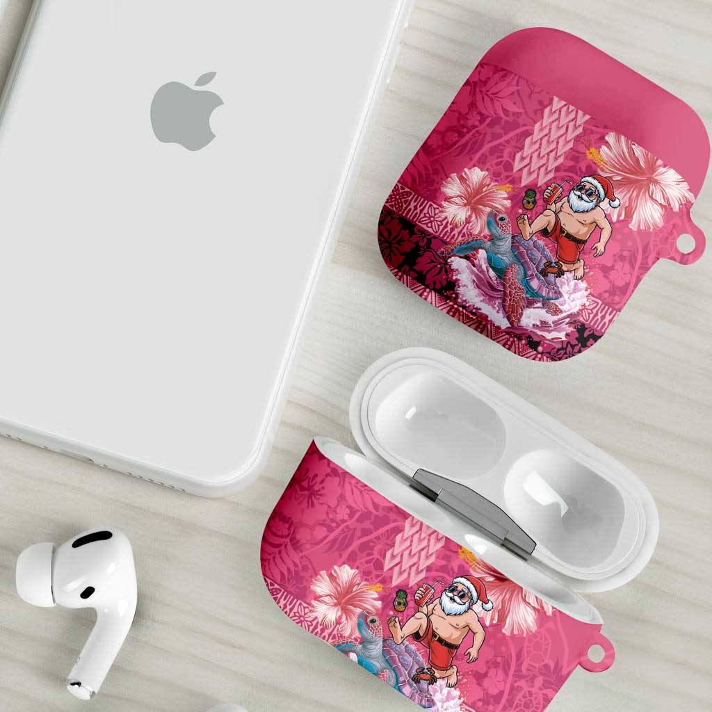 Hawaii Mele Kalikimaka AirPods Case Funny Santa with Tribal Tattoos Kakau Pink Color - Polynesian Pride