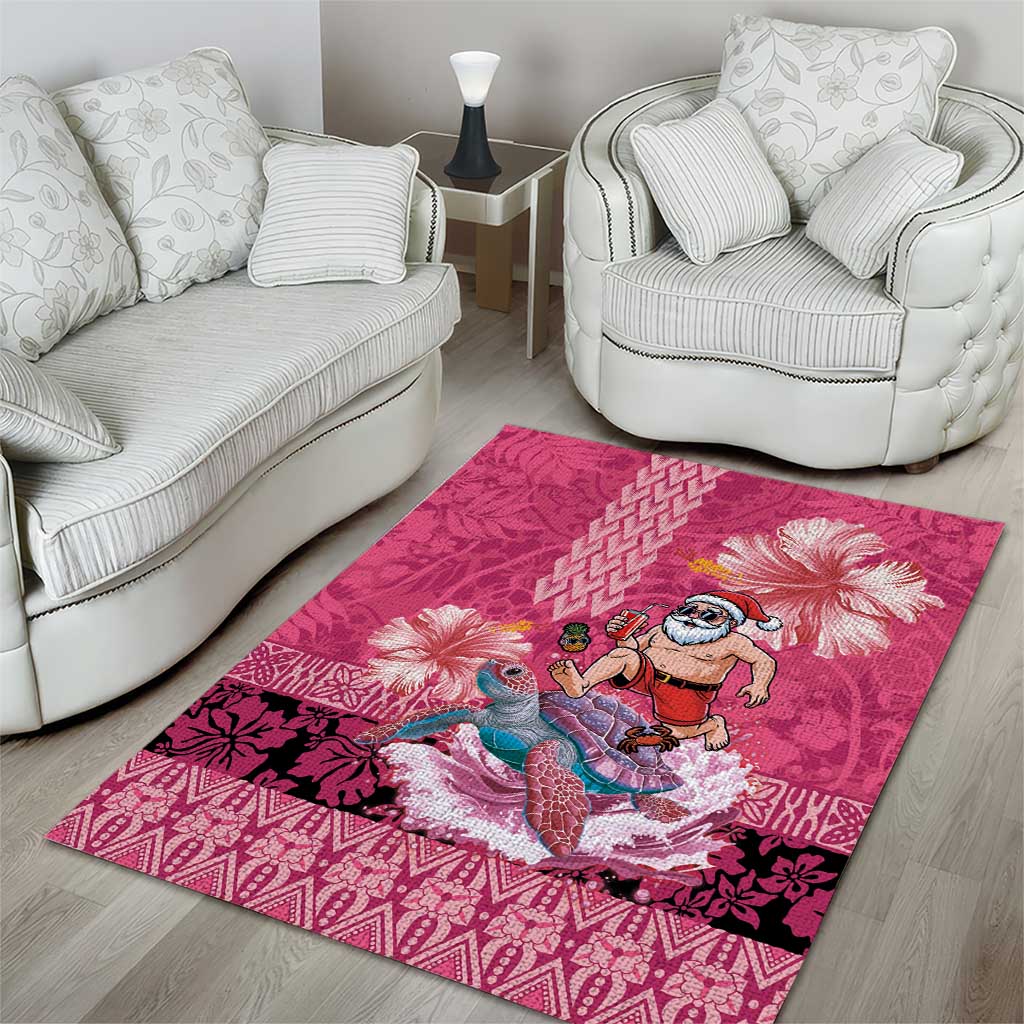 Hawaii Mele Kalikimaka Area Rug Funny Santa with Tribal Tattoos Kakau Pink Color - Polynesian Pride