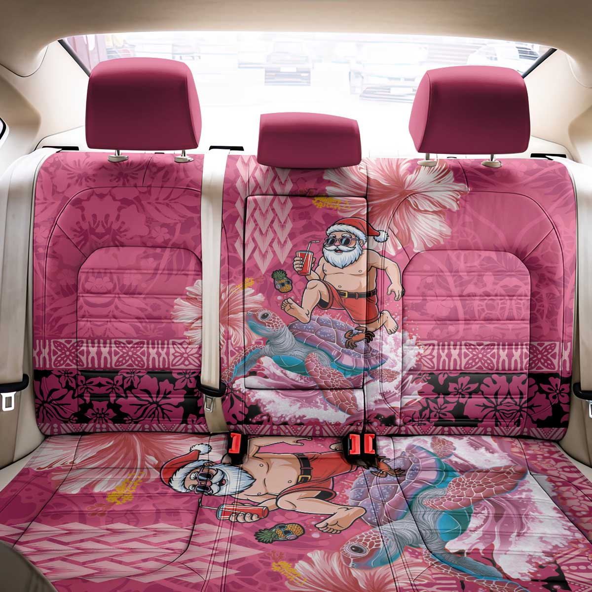 Hawaii Mele Kalikimaka Back Car Seat Cover Funny Santa with Tribal Tattoos Kakau Pink Color - Polynesian Pride