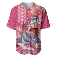 Hawaii Mele Kalikimaka Baseball Jersey Funny Santa with Tribal Tattoos Kakau Pink Color - Polynesian Pride