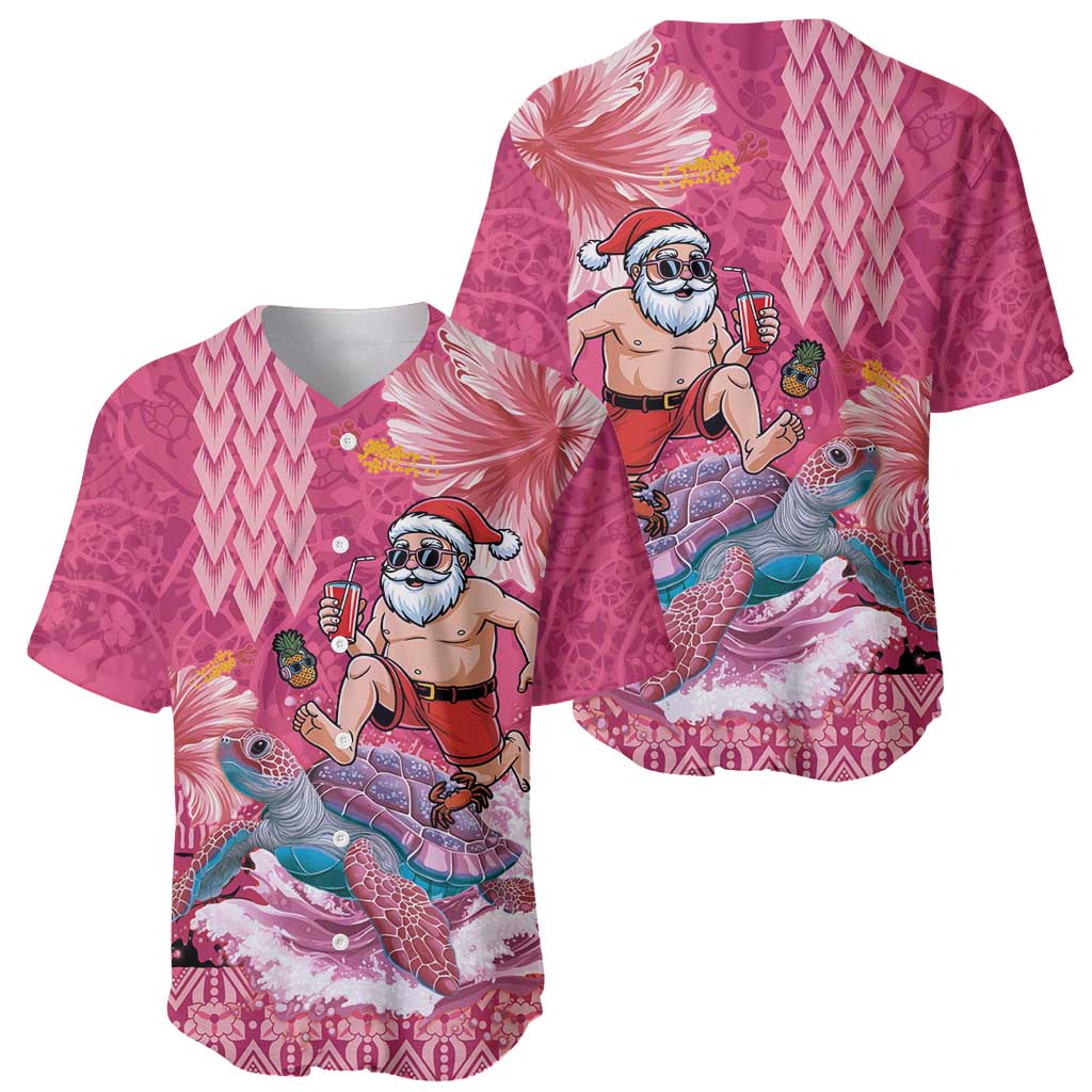 Hawaii Mele Kalikimaka Baseball Jersey Funny Santa with Tribal Tattoos Kakau Pink Color - Polynesian Pride