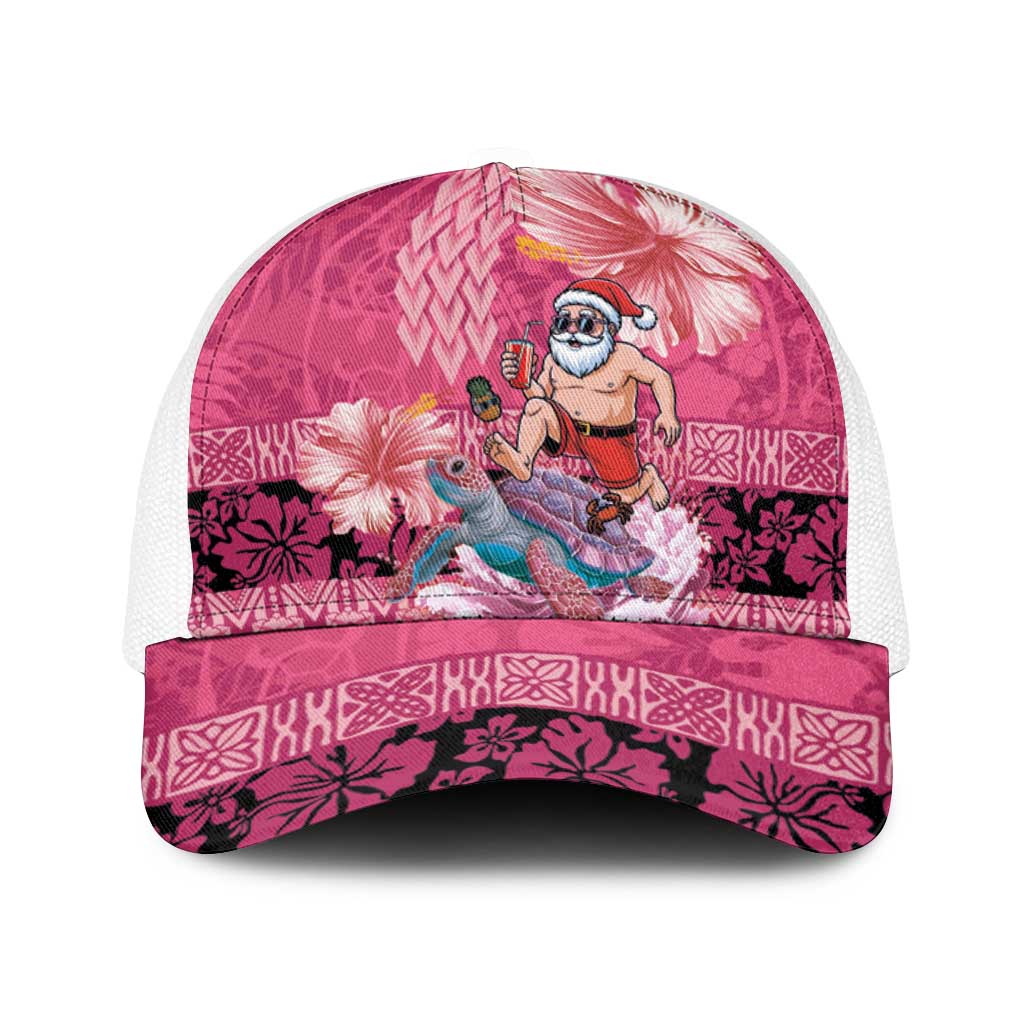 Hawaii Mele Kalikimaka Baseball Net Cap Funny Santa with Tribal Tattoos Kakau Pink Color - Polynesian Pride