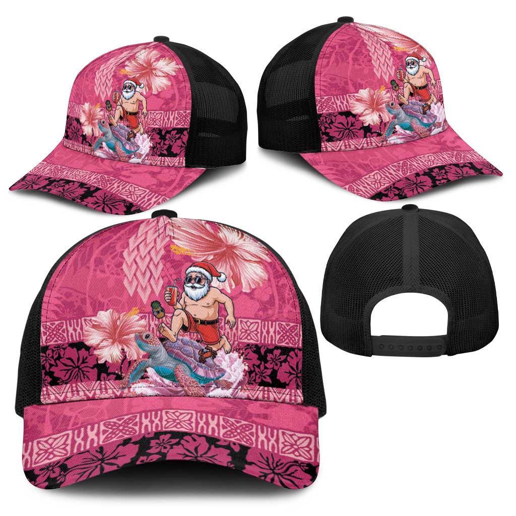 Hawaii Mele Kalikimaka Baseball Net Cap Funny Santa with Tribal Tattoos Kakau Pink Color - Polynesian Pride
