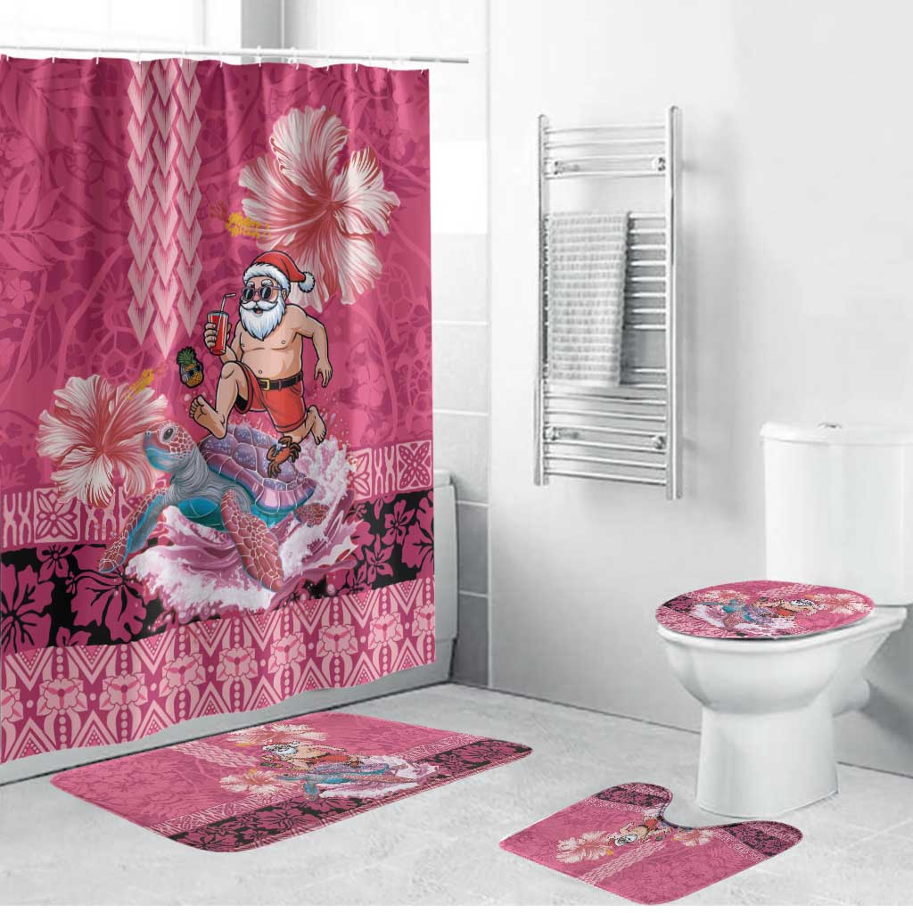 Hawaii Mele Kalikimaka Bathroom Set Funny Santa with Tribal Tattoos Kakau Pink Color - Polynesian Pride