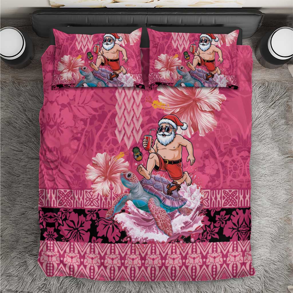 Hawaii Mele Kalikimaka Bedding Set Funny Santa with Tribal Tattoos Kakau Pink Color - Polynesian Pride