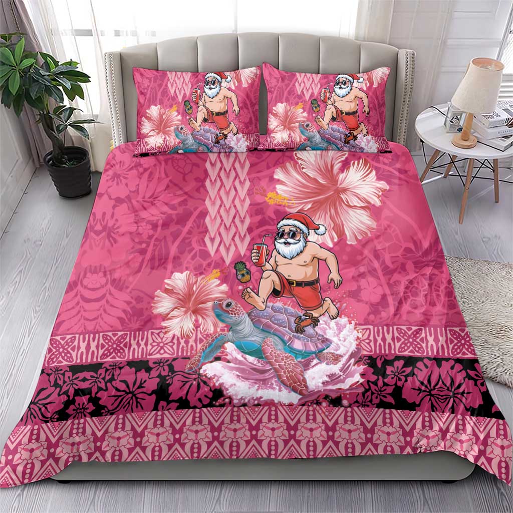 Hawaii Mele Kalikimaka Bedding Set Funny Santa with Tribal Tattoos Kakau Pink Color - Polynesian Pride