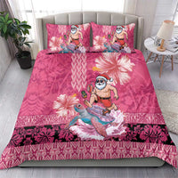 Hawaii Mele Kalikimaka Bedding Set Funny Santa with Tribal Tattoos Kakau Pink Color - Polynesian Pride