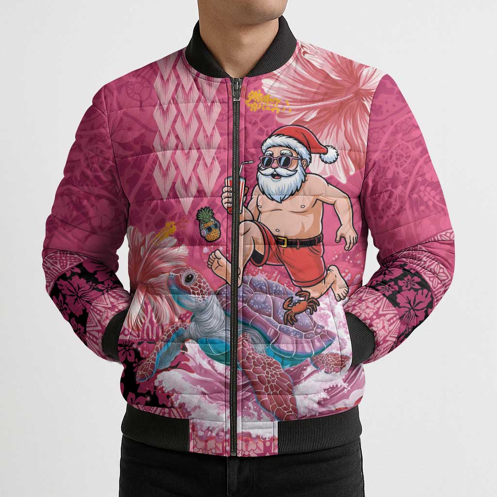 Hawaii Mele Kalikimaka Bomber Puffer Jacket Funny Santa with Tribal Tattoos Kakau Pink Color - Polynesian Pride