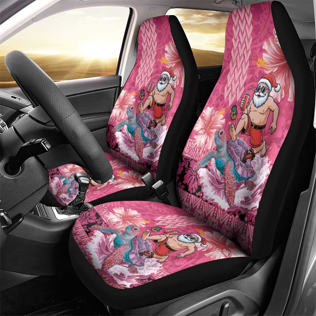 Hawaii Mele Kalikimaka Car Seat Cover Funny Santa with Tribal Tattoos Kakau Pink Color - Polynesian Pride
