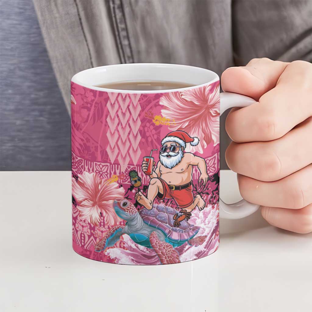Hawaii Mele Kalikimaka Ceramic Mug Funny Santa with Tribal Tattoos Kakau Pink Color - Polynesian Pride