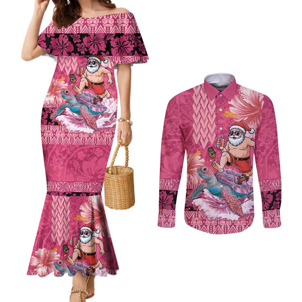 Hawaii Mele Kalikimaka Couples Matching Mermaid Dress and Long Sleeve Button Shirt Funny Santa with Tribal Tattoos Kakau Pink Color - Polynesian Pride