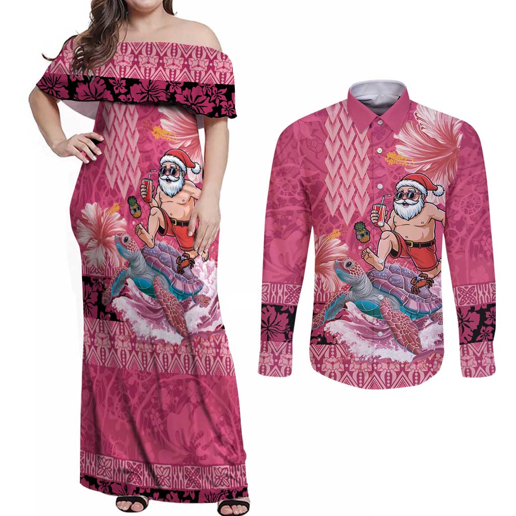 Hawaii Mele Kalikimaka Couples Matching Off Shoulder Maxi Dress and Long Sleeve Button Shirt Funny Santa with Tribal Tattoos Kakau Pink Color - Polynesian Pride