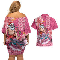 Hawaii Mele Kalikimaka Couples Matching Off Shoulder Short Dress and Hawaiian Shirt Funny Santa with Tribal Tattoos Kakau Pink Color - Polynesian Pride