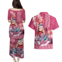 Hawaii Mele Kalikimaka Couples Matching Puletasi and Hawaiian Shirt Funny Santa with Tribal Tattoos Kakau Pink Color - Polynesian Pride