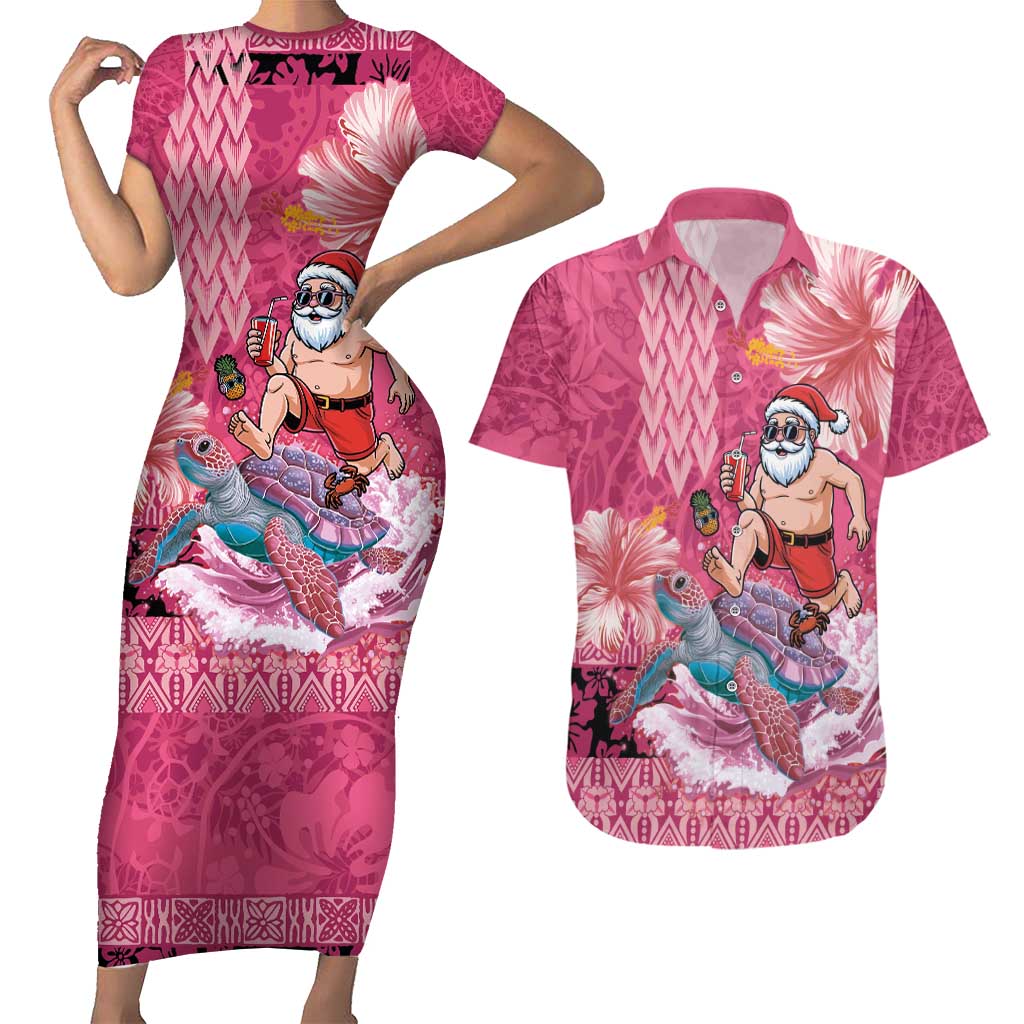 Hawaii Mele Kalikimaka Couples Matching Short Sleeve Bodycon Dress and Hawaiian Shirt Funny Santa with Tribal Tattoos Kakau Pink Color - Polynesian Pride