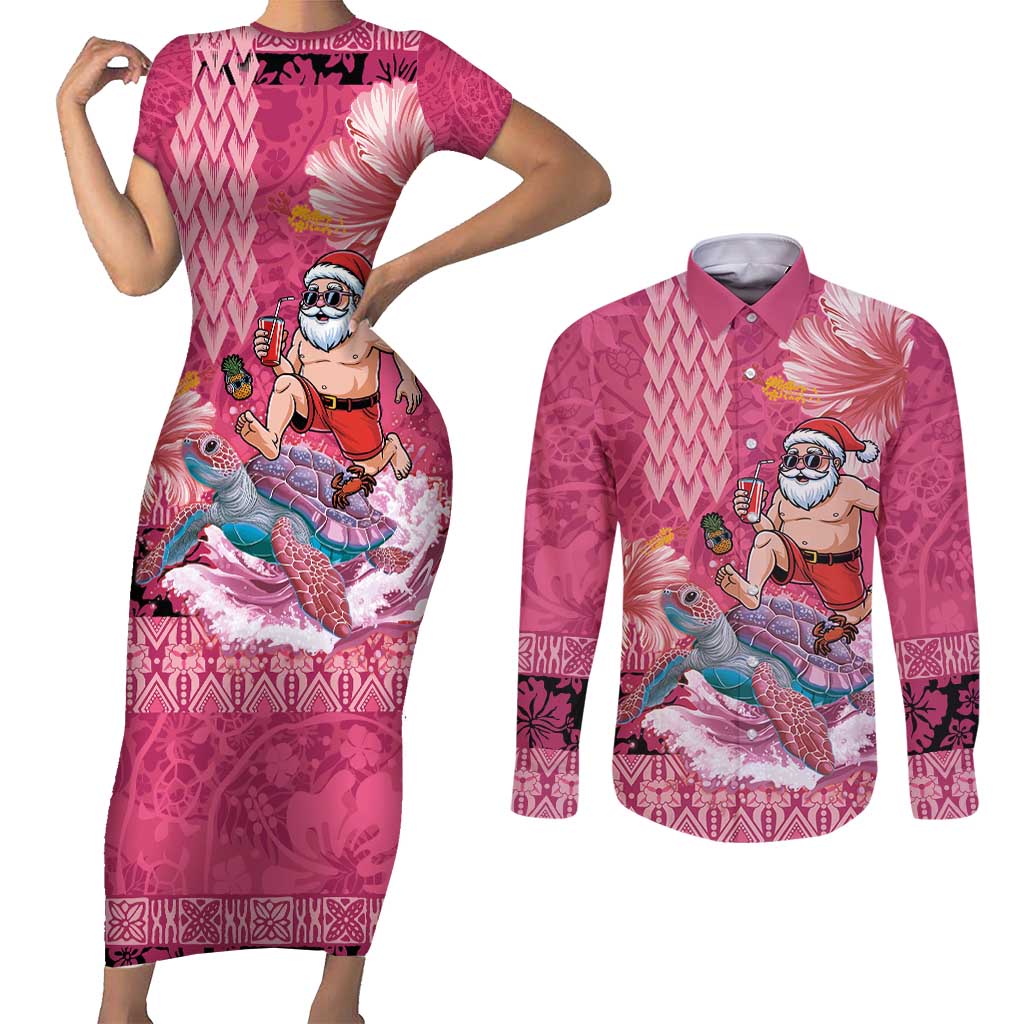 Hawaii Mele Kalikimaka Couples Matching Short Sleeve Bodycon Dress and Long Sleeve Button Shirt Funny Santa with Tribal Tattoos Kakau Pink Color - Polynesian Pride