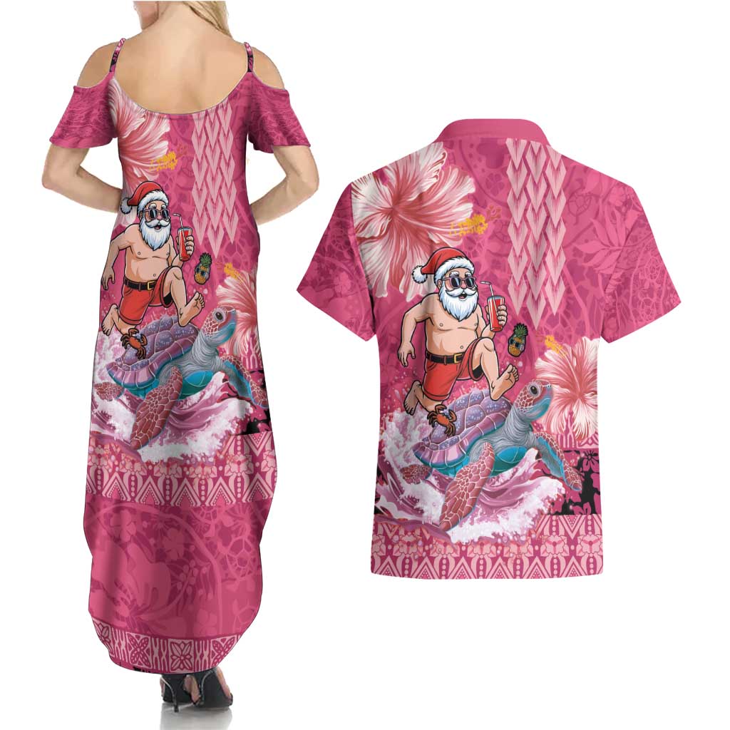 Hawaii Mele Kalikimaka Couples Matching Summer Maxi Dress and Hawaiian Shirt Funny Santa with Tribal Tattoos Kakau Pink Color - Polynesian Pride