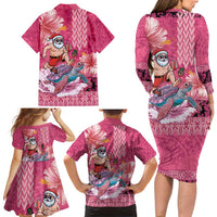 Hawaii Mele Kalikimaka Family Matching Long Sleeve Bodycon Dress and Hawaiian Shirt Funny Santa with Tribal Tattoos Kakau Pink Color - Polynesian Pride