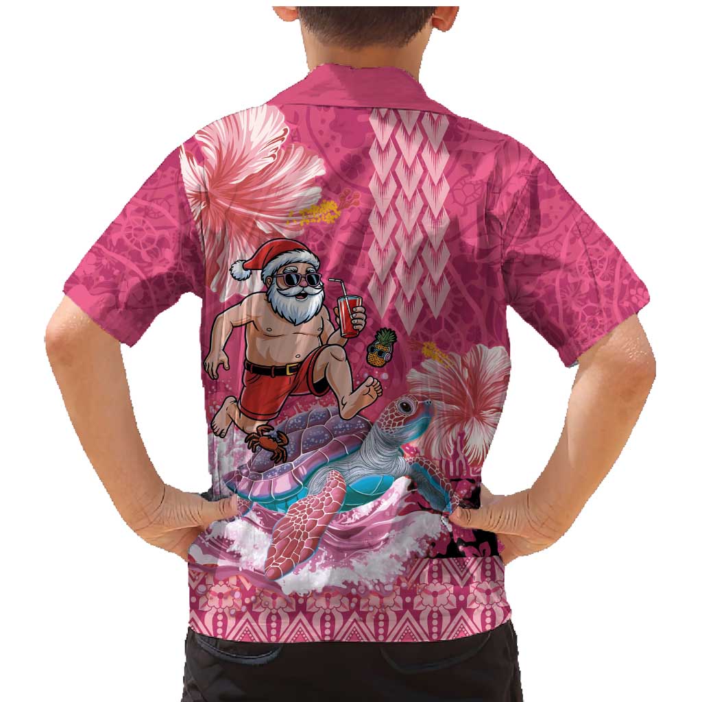 Hawaii Mele Kalikimaka Family Matching Mermaid Dress and Hawaiian Shirt Funny Santa with Tribal Tattoos Kakau Pink Color - Polynesian Pride