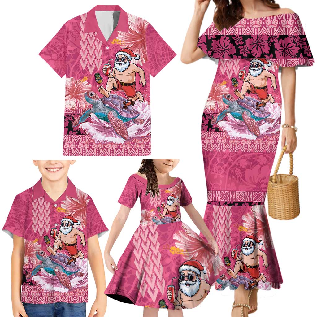 Hawaii Mele Kalikimaka Family Matching Mermaid Dress and Hawaiian Shirt Funny Santa with Tribal Tattoos Kakau Pink Color - Polynesian Pride