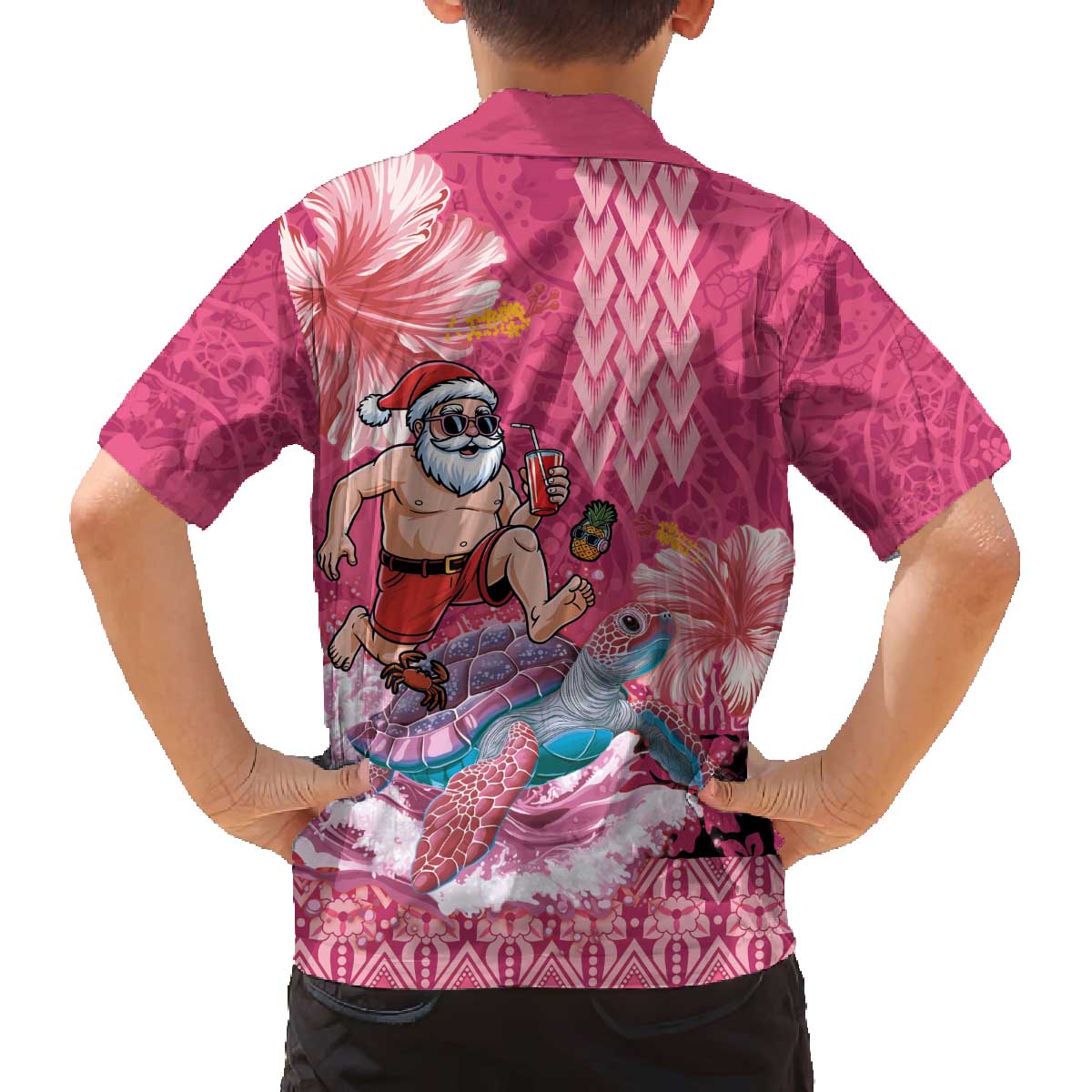 Hawaii Mele Kalikimaka Family Matching Off The Shoulder Long Sleeve Dress and Hawaiian Shirt Funny Santa with Tribal Tattoos Kakau Pink Color - Polynesian Pride