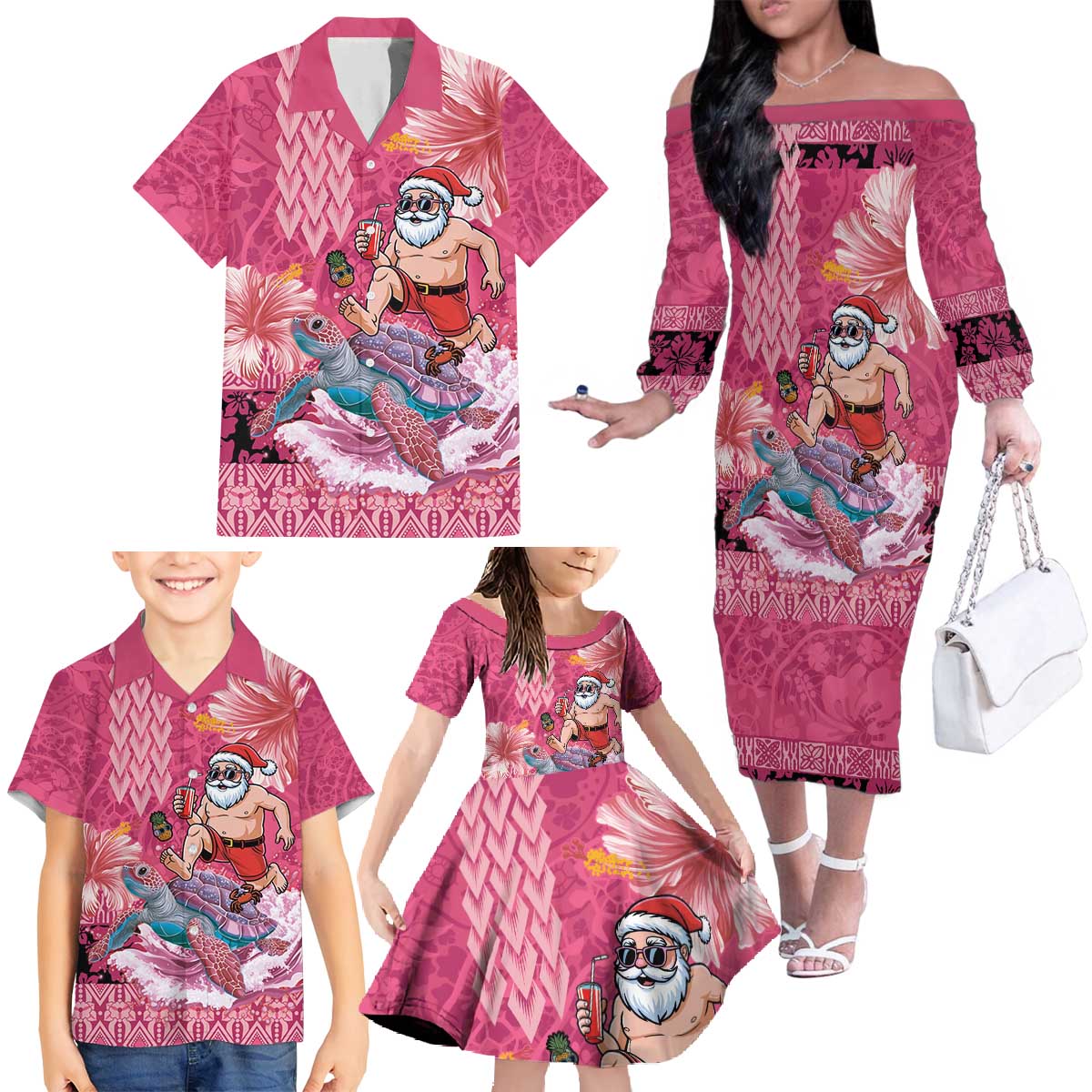 Hawaii Mele Kalikimaka Family Matching Off The Shoulder Long Sleeve Dress and Hawaiian Shirt Funny Santa with Tribal Tattoos Kakau Pink Color - Polynesian Pride