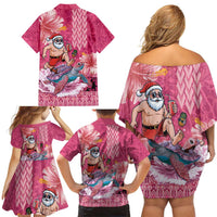 Hawaii Mele Kalikimaka Family Matching Off Shoulder Short Dress and Hawaiian Shirt Funny Santa with Tribal Tattoos Kakau Pink Color - Polynesian Pride