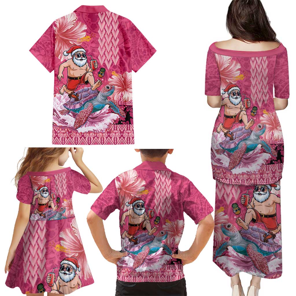 Hawaii Mele Kalikimaka Family Matching Puletasi and Hawaiian Shirt Funny Santa with Tribal Tattoos Kakau Pink Color - Polynesian Pride