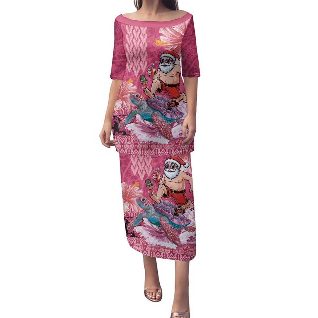 Hawaii Mele Kalikimaka Family Matching Puletasi and Hawaiian Shirt Funny Santa with Tribal Tattoos Kakau Pink Color - Polynesian Pride