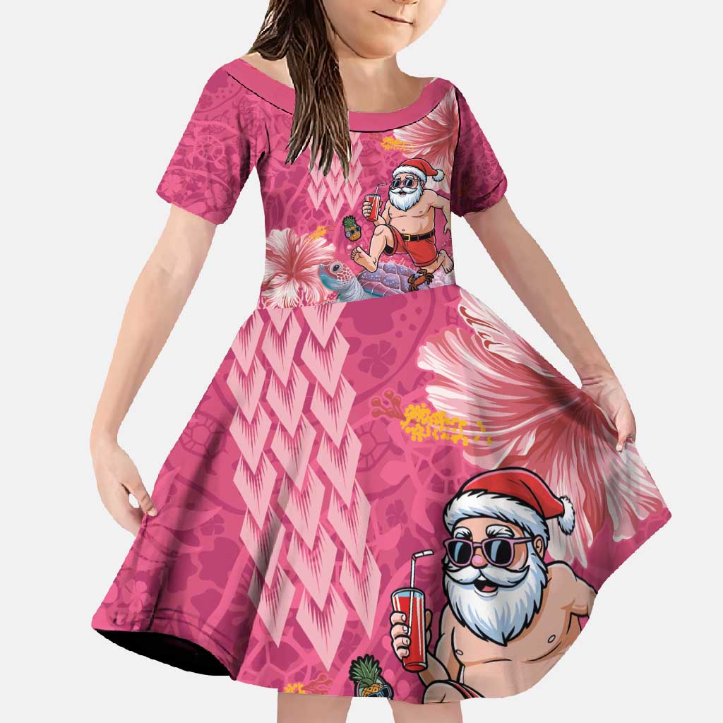 Hawaii Mele Kalikimaka Family Matching Short Sleeve Bodycon Dress and Hawaiian Shirt Funny Santa with Tribal Tattoos Kakau Pink Color - Polynesian Pride