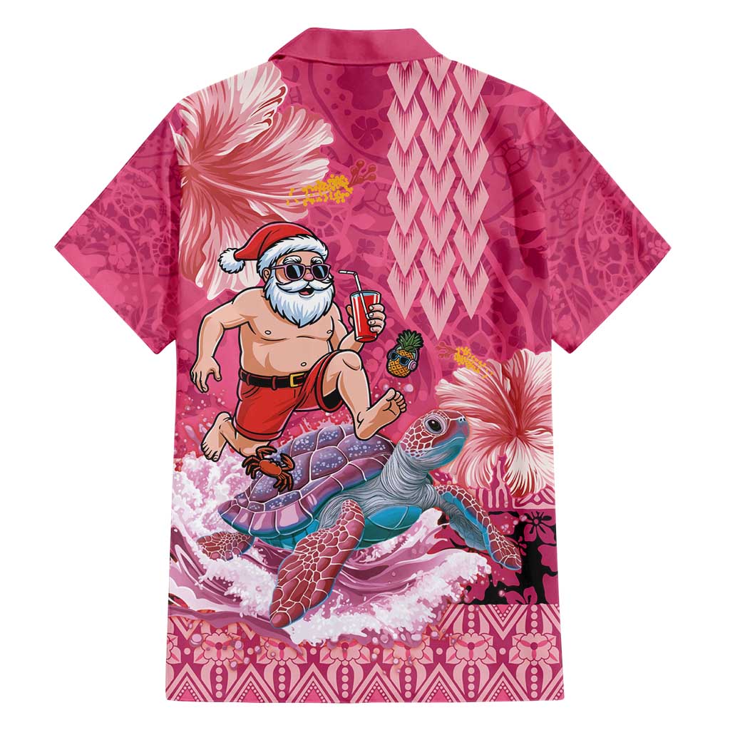 Hawaii Mele Kalikimaka Family Matching Short Sleeve Bodycon Dress and Hawaiian Shirt Funny Santa with Tribal Tattoos Kakau Pink Color - Polynesian Pride