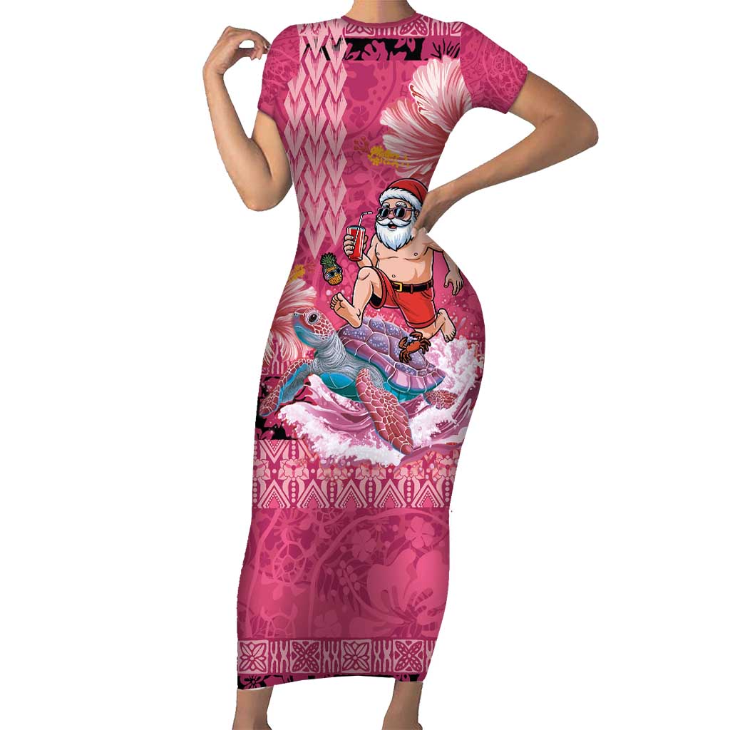 Hawaii Mele Kalikimaka Family Matching Short Sleeve Bodycon Dress and Hawaiian Shirt Funny Santa with Tribal Tattoos Kakau Pink Color - Polynesian Pride