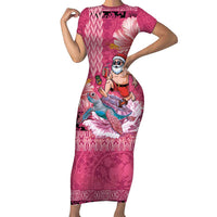 Hawaii Mele Kalikimaka Family Matching Short Sleeve Bodycon Dress and Hawaiian Shirt Funny Santa with Tribal Tattoos Kakau Pink Color - Polynesian Pride