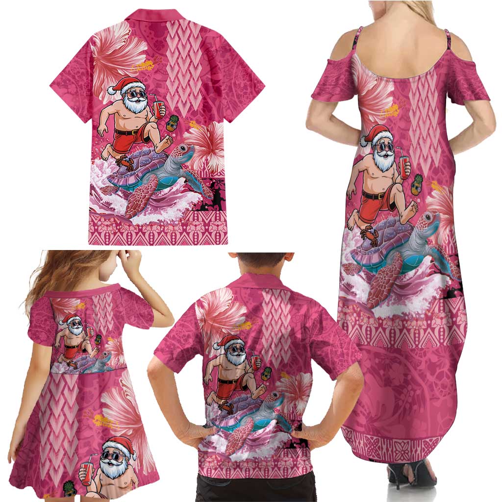 Hawaii Mele Kalikimaka Family Matching Summer Maxi Dress and Hawaiian Shirt Funny Santa with Tribal Tattoos Kakau Pink Color - Polynesian Pride