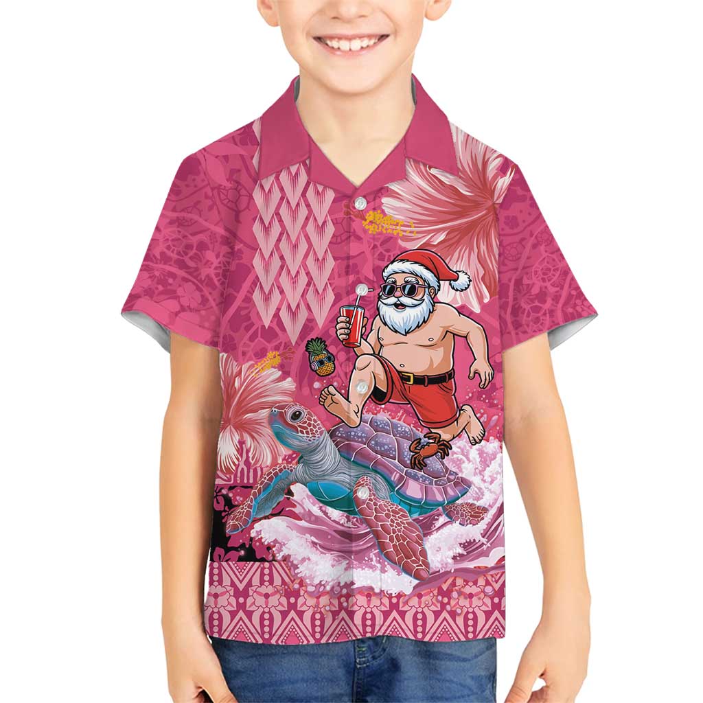 Hawaii Mele Kalikimaka Family Matching Summer Maxi Dress and Hawaiian Shirt Funny Santa with Tribal Tattoos Kakau Pink Color - Polynesian Pride