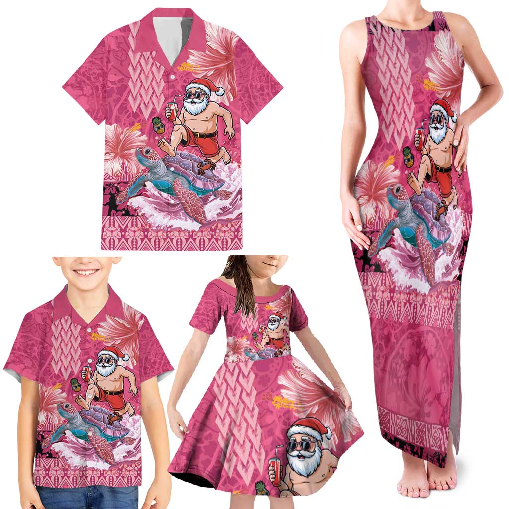 Hawaii Mele Kalikimaka Family Matching Tank Maxi Dress and Hawaiian Shirt Funny Santa with Tribal Tattoos Kakau Pink Color - Polynesian Pride