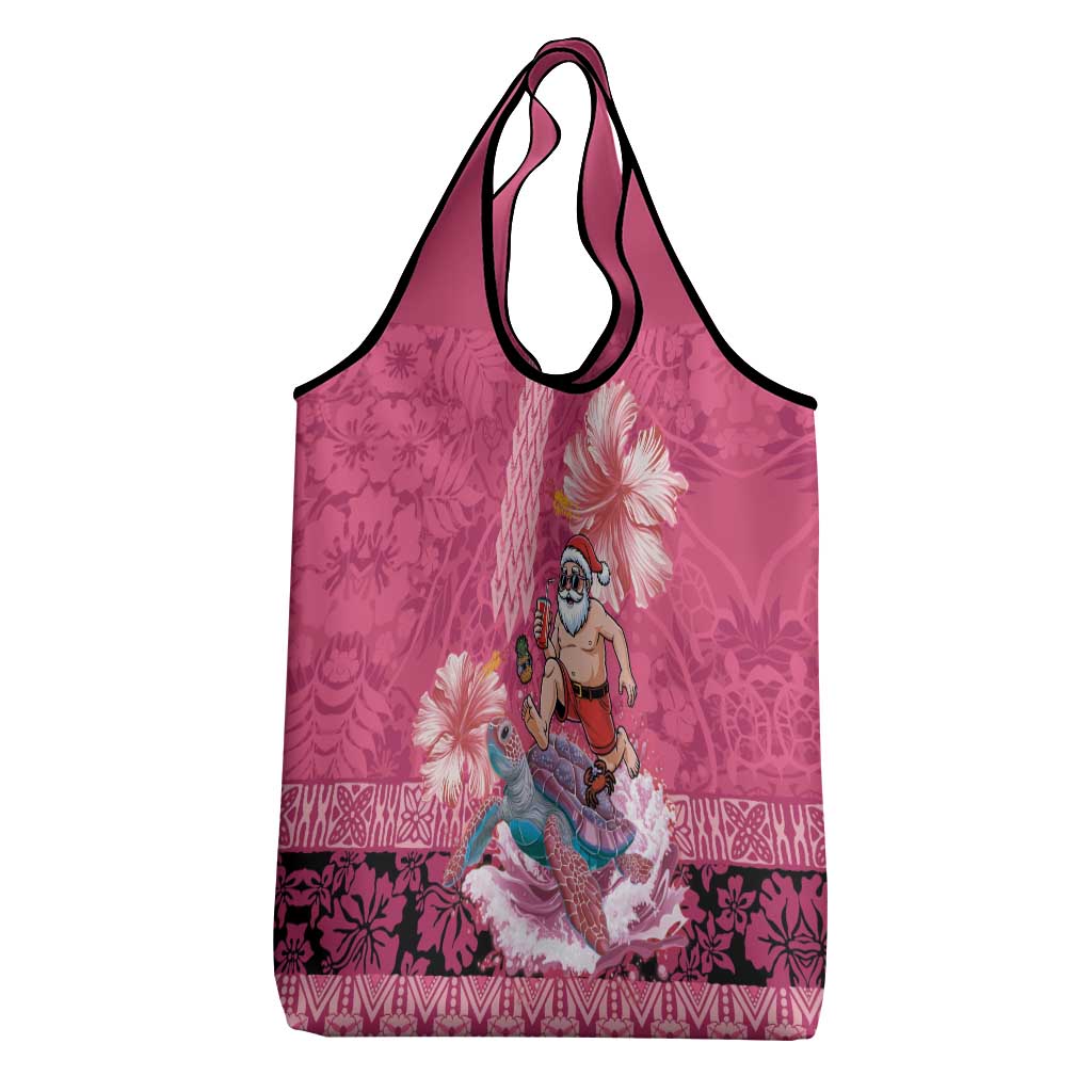 Hawaii Mele Kalikimaka Grocery Bag Funny Santa with Tribal Tattoos Kakau Pink Color - Polynesian Pride