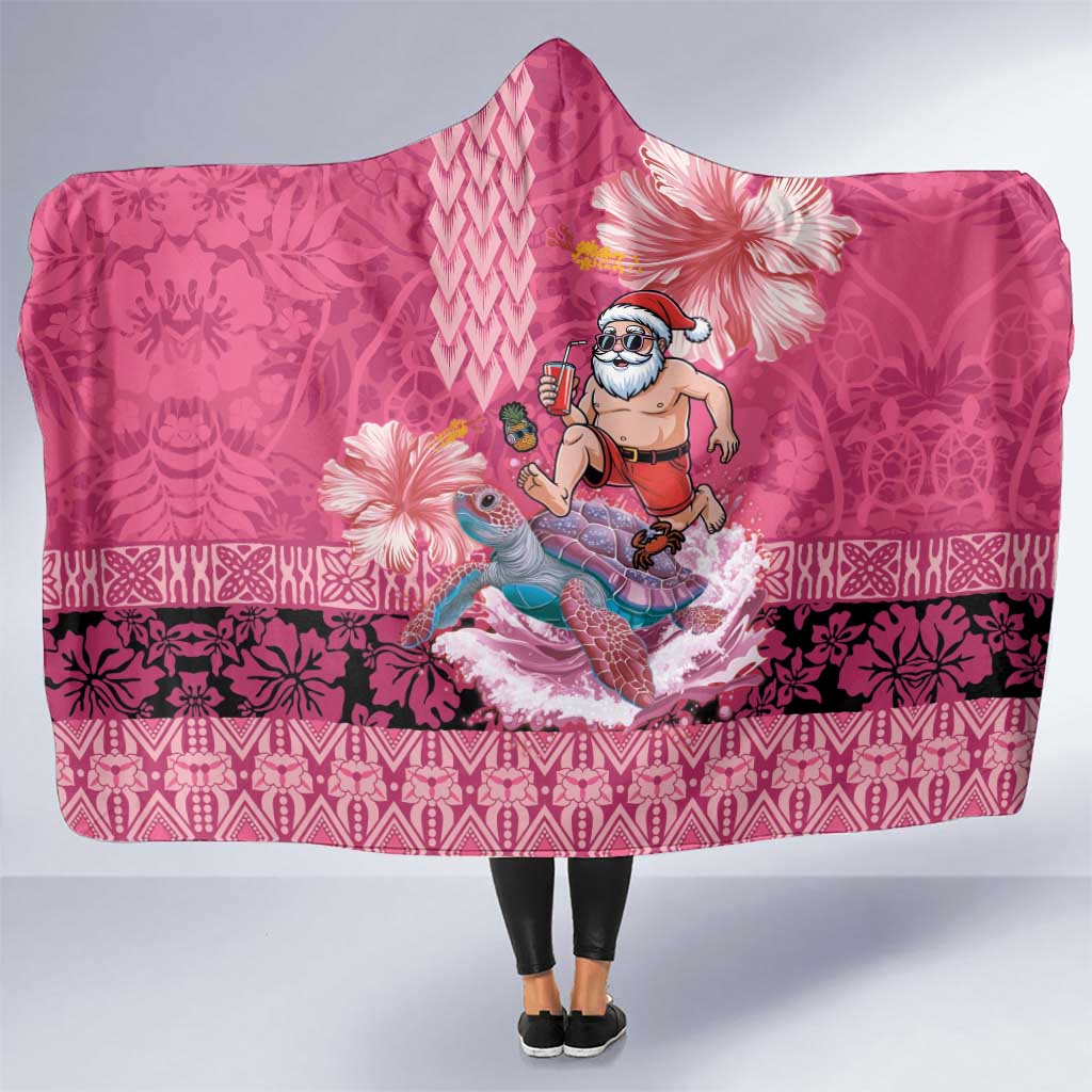Hawaii Mele Kalikimaka Hooded Blanket Funny Santa with Tribal Tattoos Kakau Pink Color - Polynesian Pride