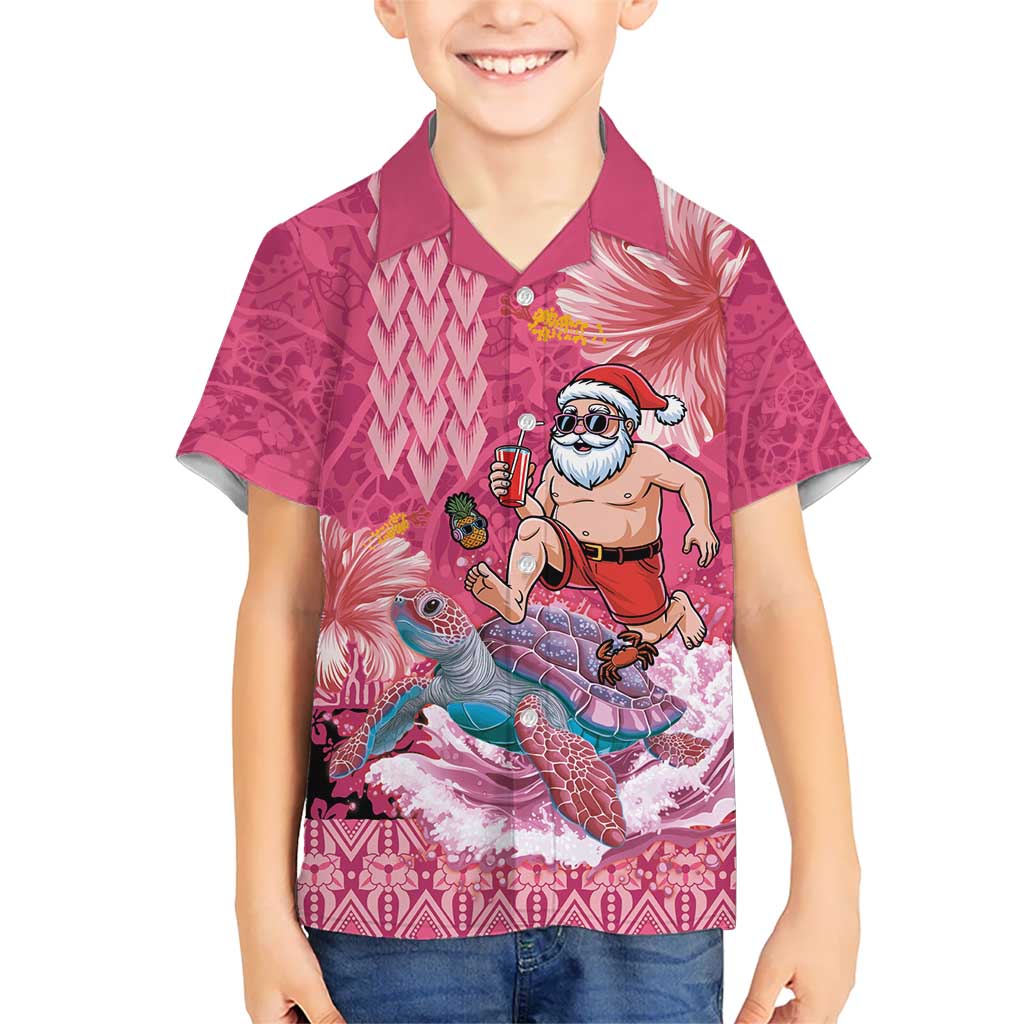 Hawaii Mele Kalikimaka Kid Hawaiian Shirt Funny Santa with Tribal Tattoos Kakau Pink Color - Polynesian Pride