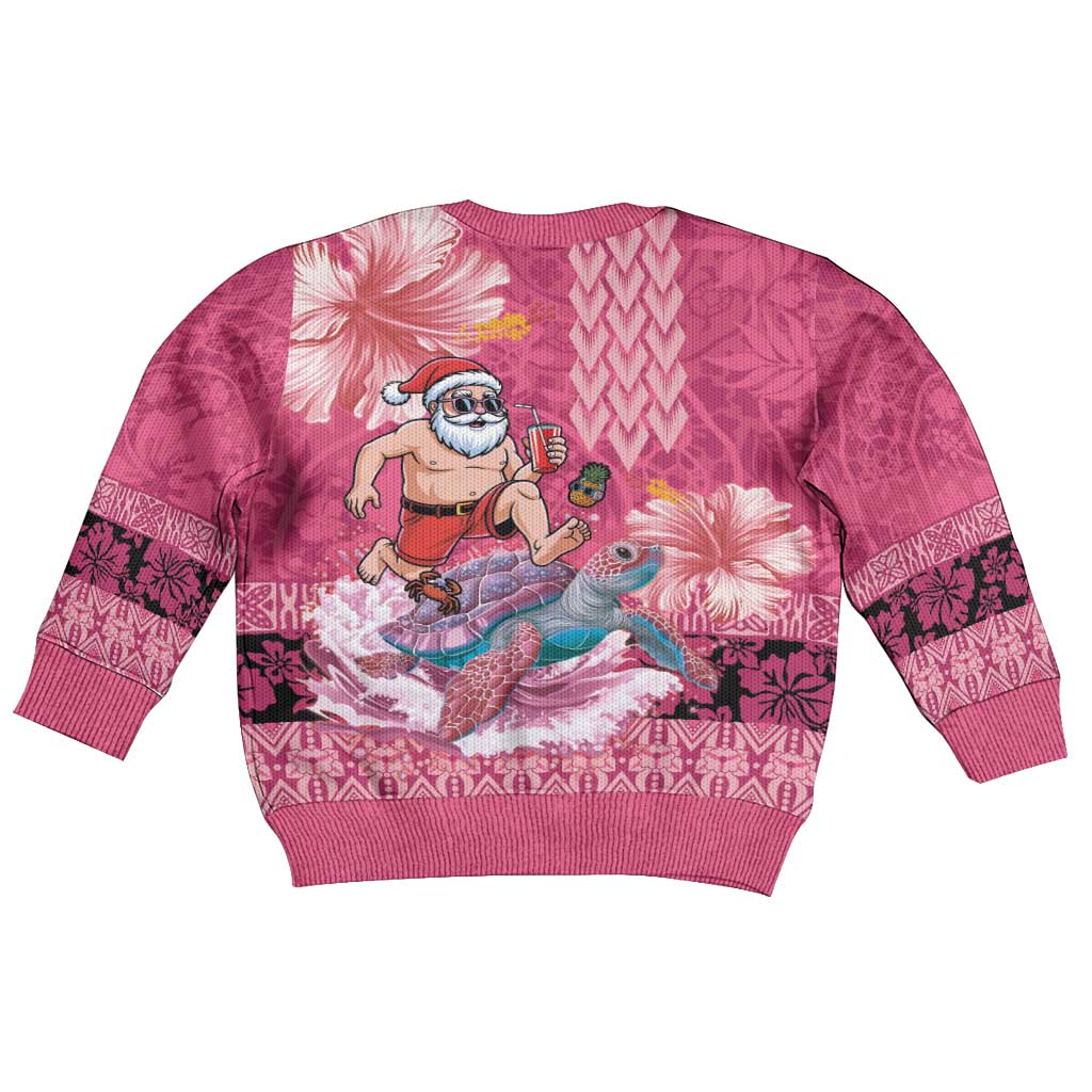 Hawaii Mele Kalikimaka Kid Ugly Christmas Sweater Funny Santa with Tribal Tattoos Kakau Pink Color - Polynesian Pride