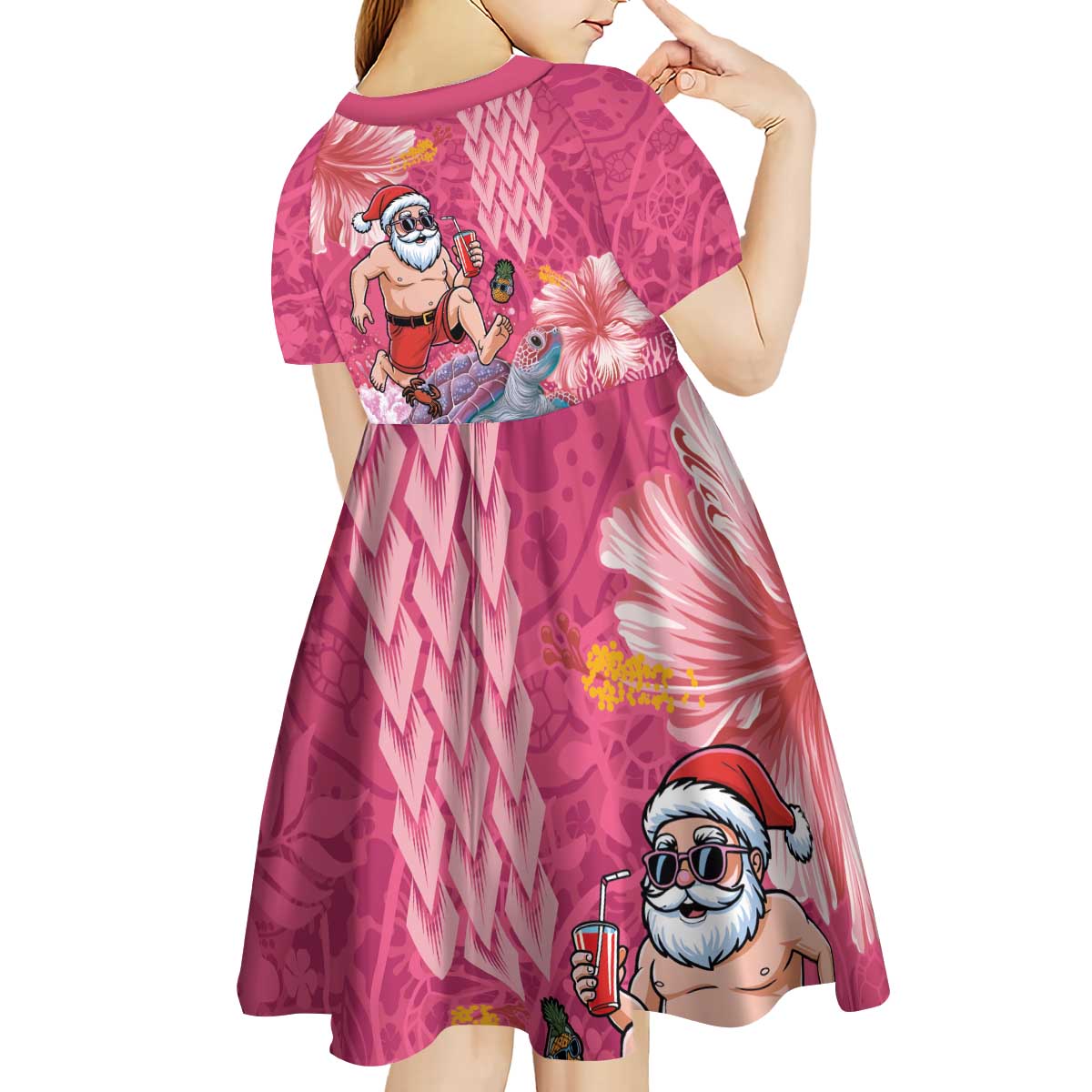 Hawaii Mele Kalikimaka Kid Short Sleeve Dress Funny Santa with Tribal Tattoos Kakau Pink Color - Polynesian Pride