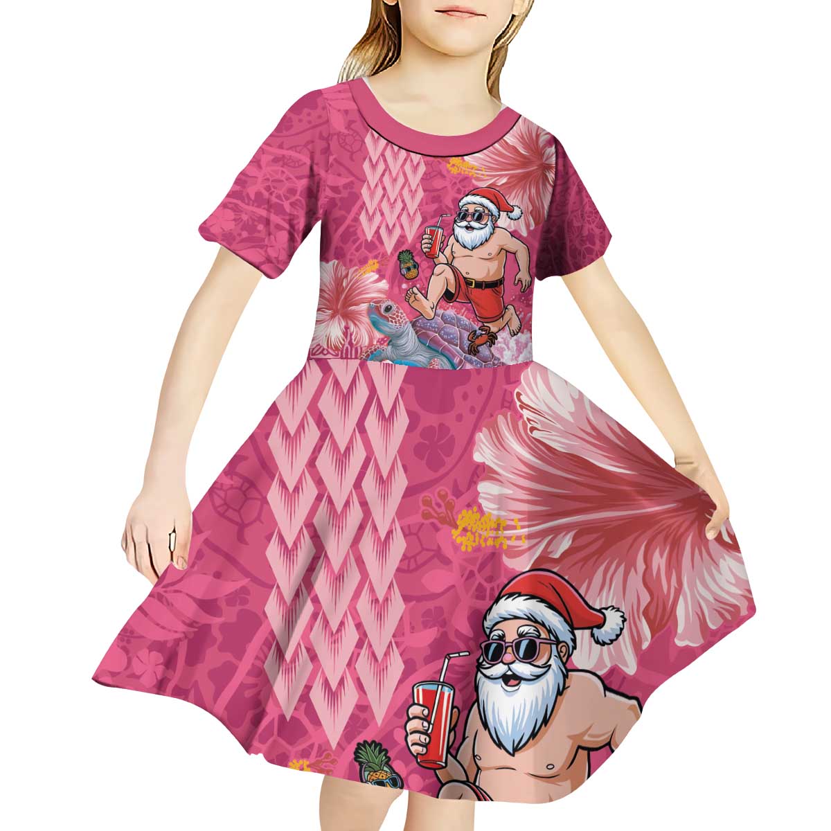 Hawaii Mele Kalikimaka Kid Short Sleeve Dress Funny Santa with Tribal Tattoos Kakau Pink Color - Polynesian Pride