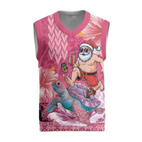 Hawaii Mele Kalikimaka Christmas Knitted V-Neck Vest Funny Santa with Tribal Tattoos Kakau Pink Color - Polynesian Pride
