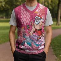 Hawaii Mele Kalikimaka Christmas Knitted V-Neck Vest Funny Santa with Tribal Tattoos Kakau Pink Color - Polynesian Pride