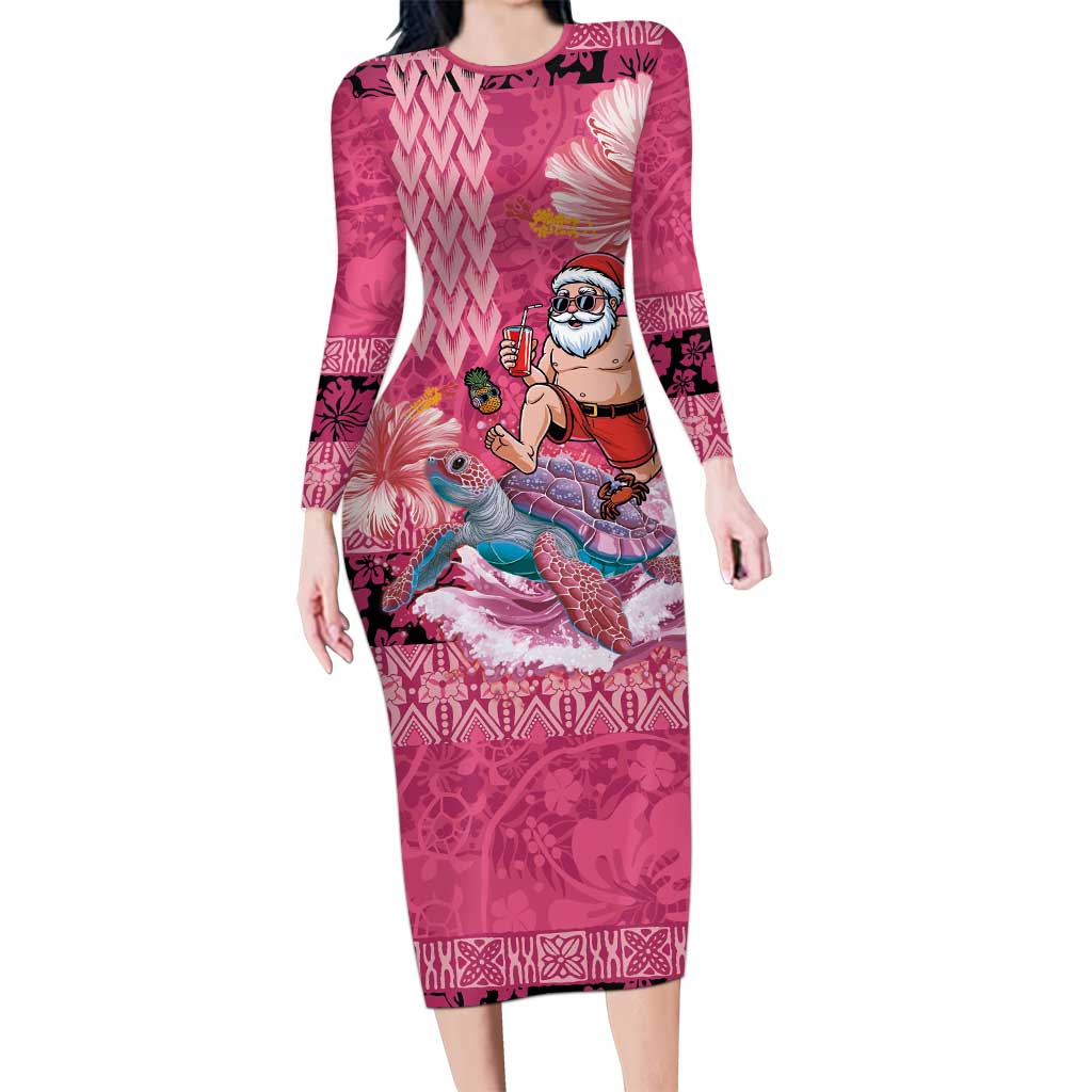 Hawaii Mele Kalikimaka Long Sleeve Bodycon Dress Funny Santa with Tribal Tattoos Kakau Pink Color - Polynesian Pride