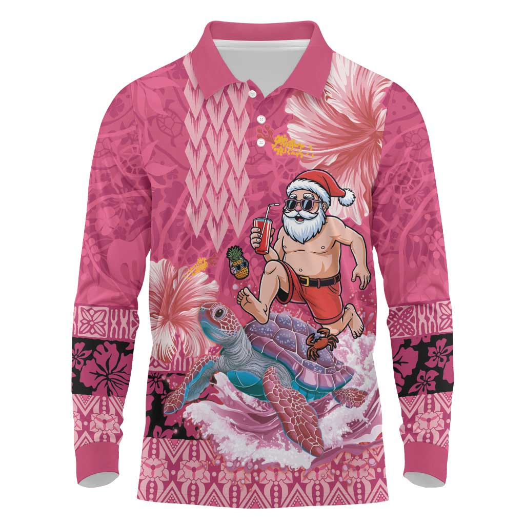 Hawaii Mele Kalikimaka Long Sleeve Polo Shirt Funny Santa with Tribal Tattoos Kakau Pink Color - Polynesian Pride