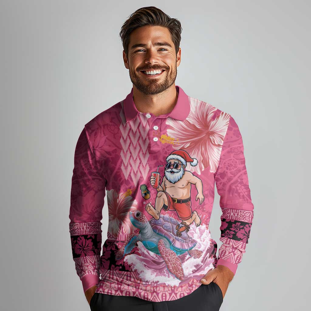 Hawaii Mele Kalikimaka Long Sleeve Polo Shirt Funny Santa with Tribal Tattoos Kakau Pink Color - Polynesian Pride