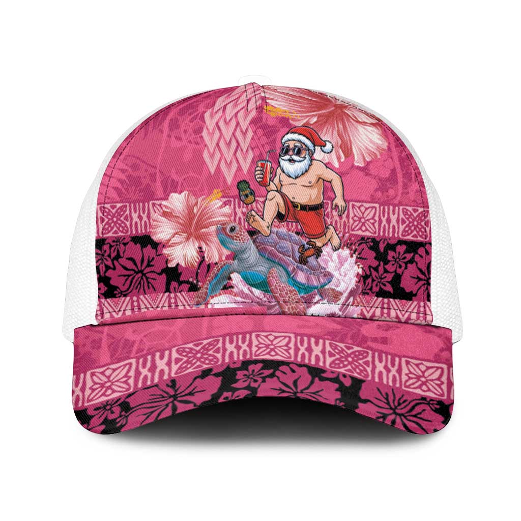 Hawaii Mele Kalikimaka Mesh Trucker Cap Funny Santa with Tribal Tattoos Kakau Pink Color - Polynesian Pride