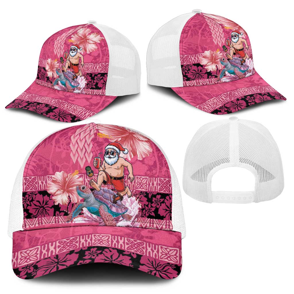 Hawaii Mele Kalikimaka Mesh Trucker Cap Funny Santa with Tribal Tattoos Kakau Pink Color - Polynesian Pride