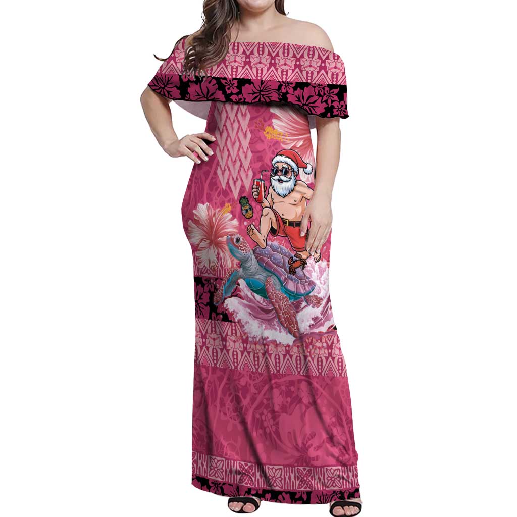Hawaii Mele Kalikimaka Off Shoulder Maxi Dress Funny Santa with Tribal Tattoos Kakau Pink Color - Polynesian Pride